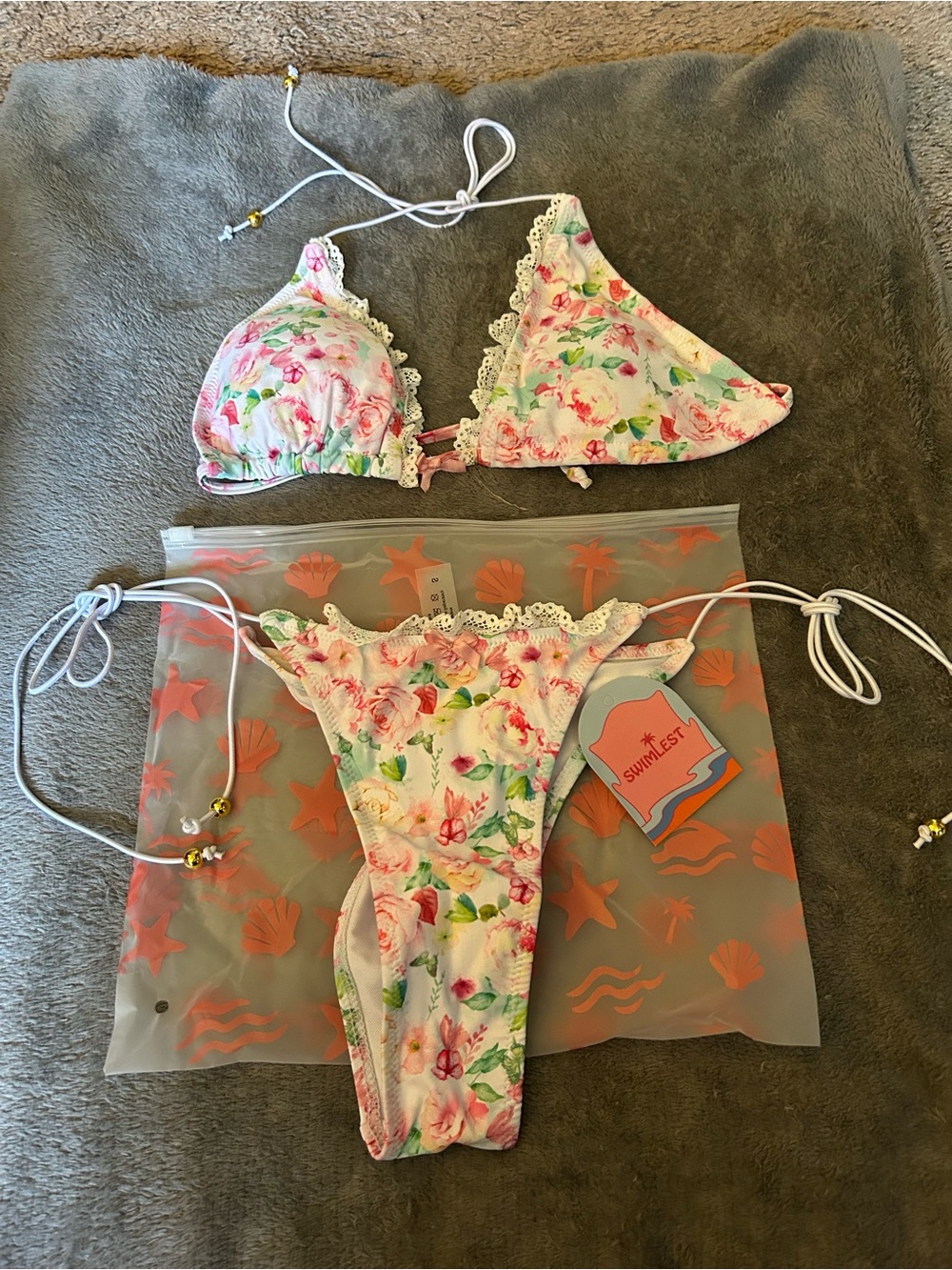 Floral Lace Trim String Bikini Set - White/Pink
